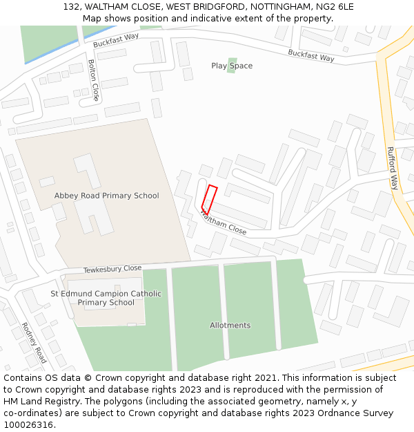 132, WALTHAM CLOSE, WEST BRIDGFORD, NOTTINGHAM, NG2 6LE: Location map and indicative extent of plot