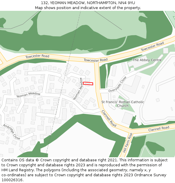 132, YEOMAN MEADOW, NORTHAMPTON, NN4 9YU: Location map and indicative extent of plot