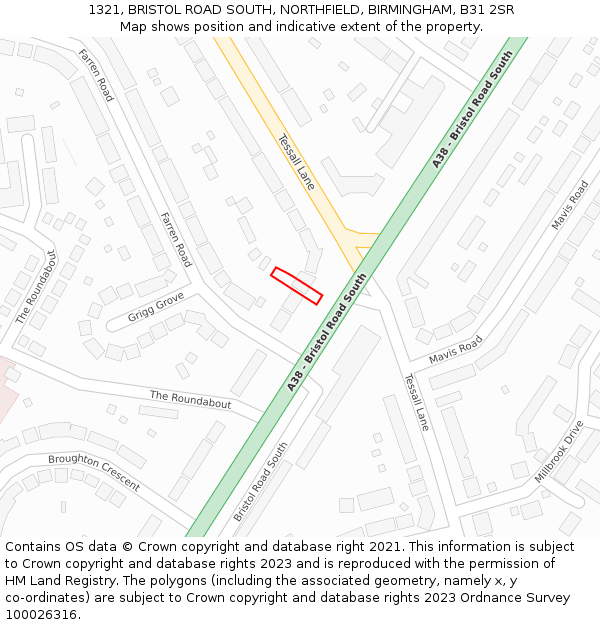 1321, BRISTOL ROAD SOUTH, NORTHFIELD, BIRMINGHAM, B31 2SR: Location map and indicative extent of plot