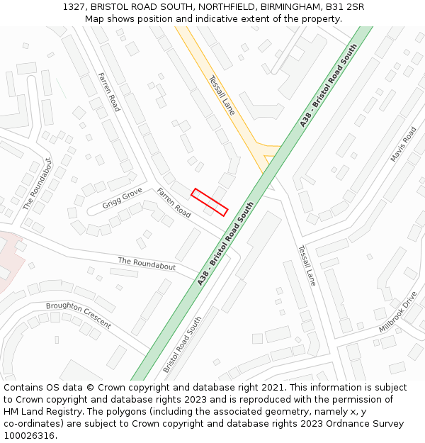 1327, BRISTOL ROAD SOUTH, NORTHFIELD, BIRMINGHAM, B31 2SR: Location map and indicative extent of plot