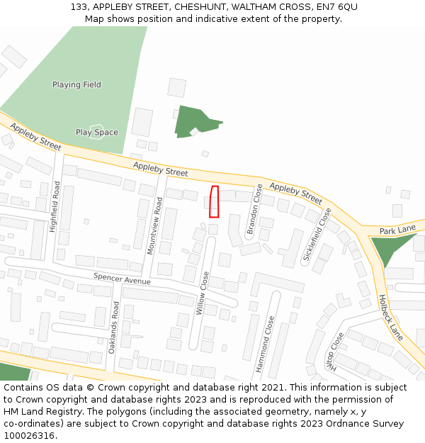 133, APPLEBY STREET, CHESHUNT, WALTHAM CROSS, EN7 6QU: Location map and indicative extent of plot