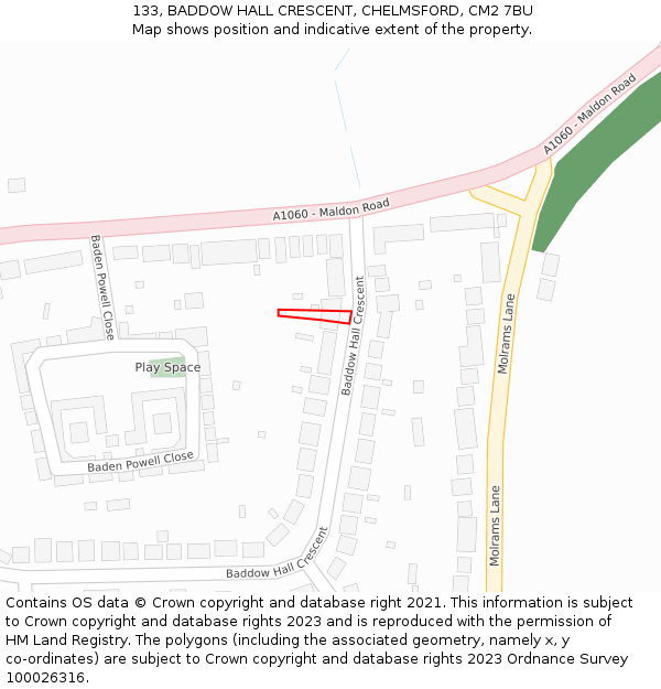 133, BADDOW HALL CRESCENT, CHELMSFORD, CM2 7BU: Location map and indicative extent of plot