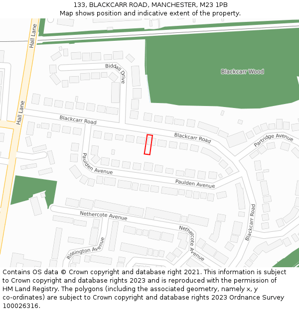 133, BLACKCARR ROAD, MANCHESTER, M23 1PB: Location map and indicative extent of plot