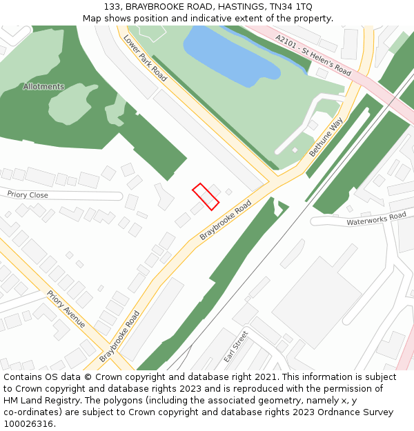 133, BRAYBROOKE ROAD, HASTINGS, TN34 1TQ: Location map and indicative extent of plot