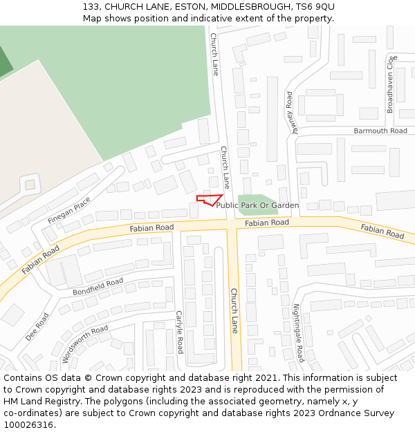 133, CHURCH LANE, ESTON, MIDDLESBROUGH, TS6 9QU: Location map and indicative extent of plot