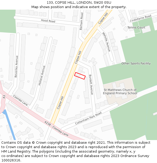 133, COPSE HILL, LONDON, SW20 0SU: Location map and indicative extent of plot