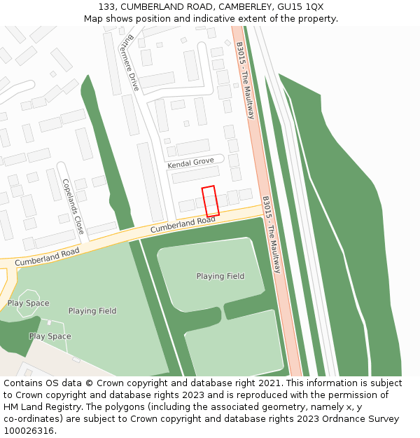 133, CUMBERLAND ROAD, CAMBERLEY, GU15 1QX: Location map and indicative extent of plot