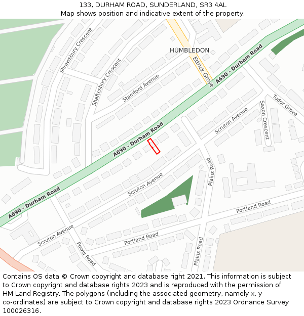 133, DURHAM ROAD, SUNDERLAND, SR3 4AL: Location map and indicative extent of plot