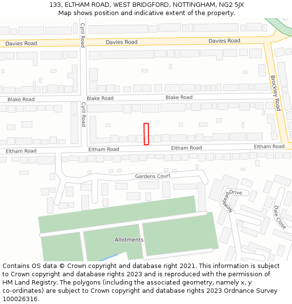 133, ELTHAM ROAD, WEST BRIDGFORD, NOTTINGHAM, NG2 5JX: Location map and indicative extent of plot