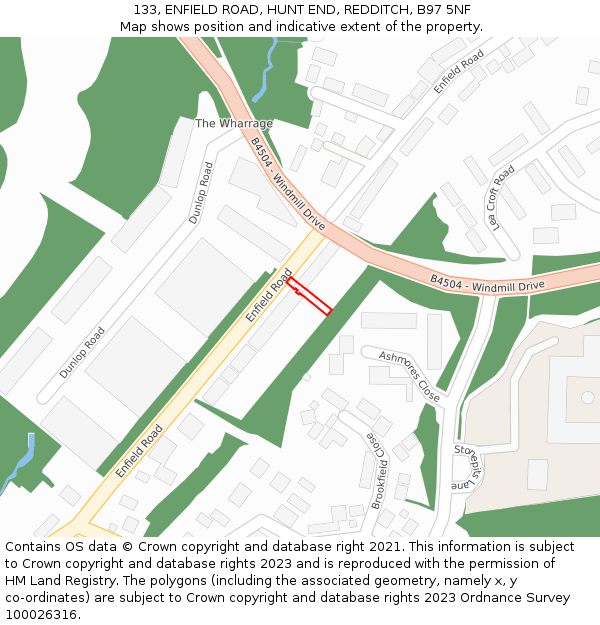 133, ENFIELD ROAD, HUNT END, REDDITCH, B97 5NF: Location map and indicative extent of plot