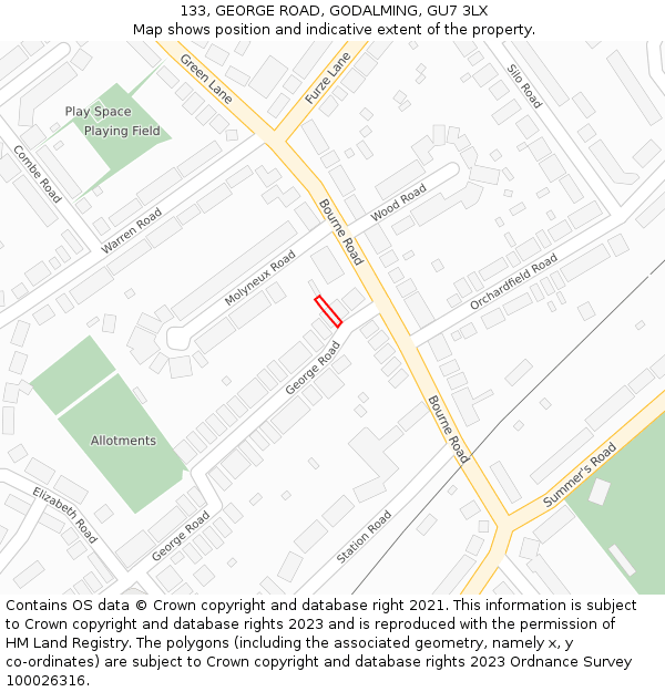 133, GEORGE ROAD, GODALMING, GU7 3LX: Location map and indicative extent of plot