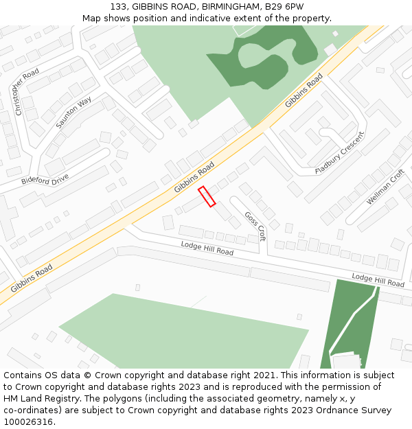 133, GIBBINS ROAD, BIRMINGHAM, B29 6PW: Location map and indicative extent of plot