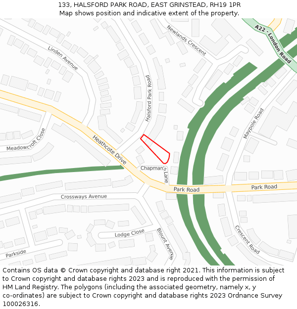 133, HALSFORD PARK ROAD, EAST GRINSTEAD, RH19 1PR: Location map and indicative extent of plot