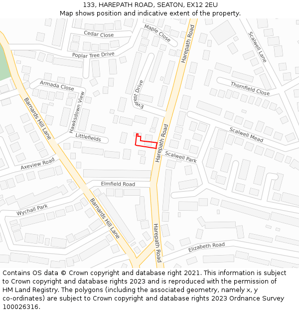 133, HAREPATH ROAD, SEATON, EX12 2EU: Location map and indicative extent of plot