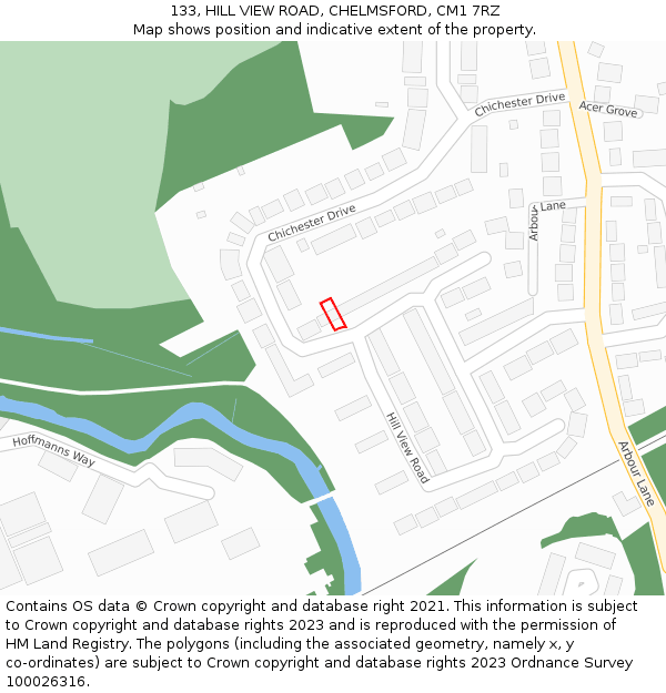 133, HILL VIEW ROAD, CHELMSFORD, CM1 7RZ: Location map and indicative extent of plot