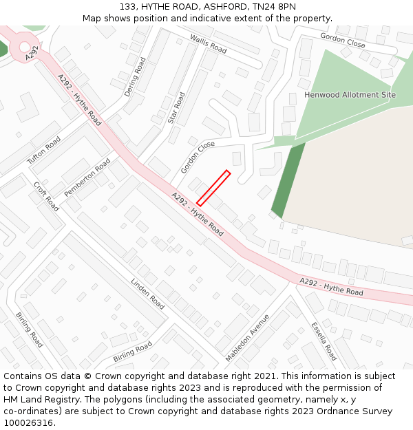 133, HYTHE ROAD, ASHFORD, TN24 8PN: Location map and indicative extent of plot