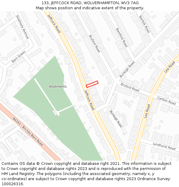 133, JEFFCOCK ROAD, WOLVERHAMPTON, WV3 7AG: Location map and indicative extent of plot