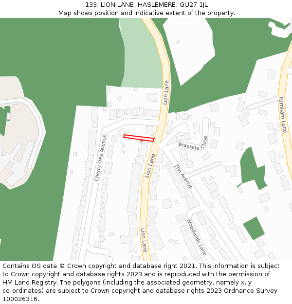 133, LION LANE, HASLEMERE, GU27 1JL: Location map and indicative extent of plot