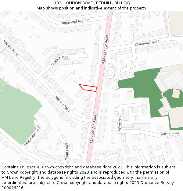 133, LONDON ROAD, REDHILL, RH1 2JQ: Location map and indicative extent of plot