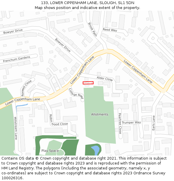 133, LOWER CIPPENHAM LANE, SLOUGH, SL1 5DN: Location map and indicative extent of plot