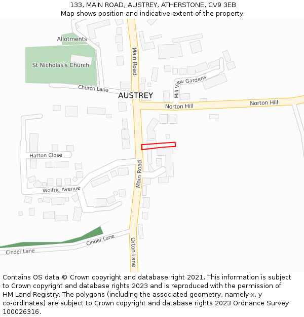 133, MAIN ROAD, AUSTREY, ATHERSTONE, CV9 3EB: Location map and indicative extent of plot