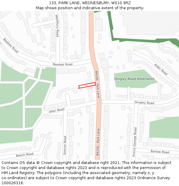 133, PARK LANE, WEDNESBURY, WS10 9RZ: Location map and indicative extent of plot