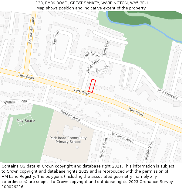 133, PARK ROAD, GREAT SANKEY, WARRINGTON, WA5 3EU: Location map and indicative extent of plot