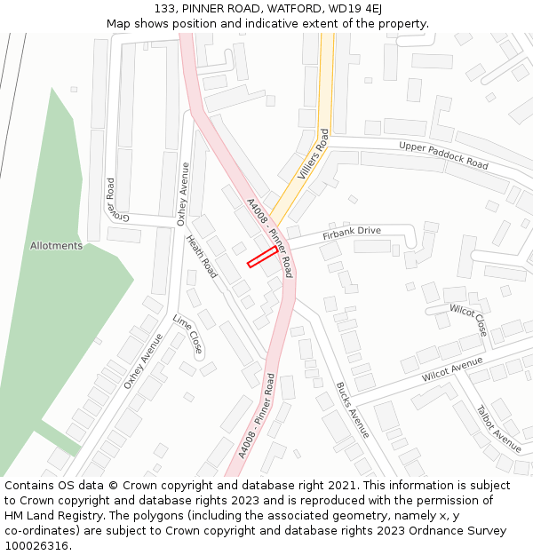 133, PINNER ROAD, WATFORD, WD19 4EJ: Location map and indicative extent of plot