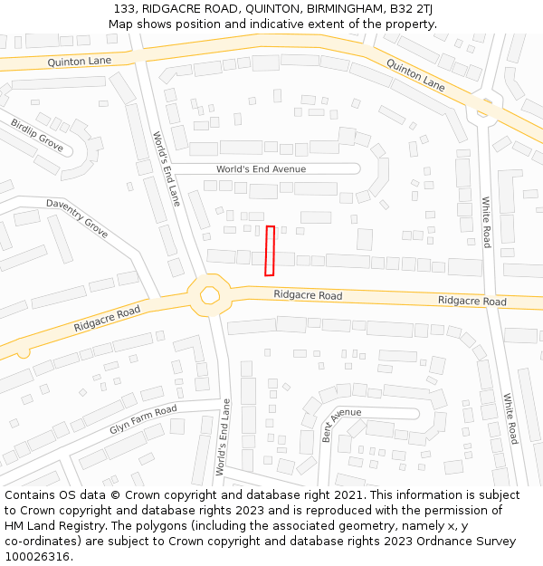 133, RIDGACRE ROAD, QUINTON, BIRMINGHAM, B32 2TJ: Location map and indicative extent of plot