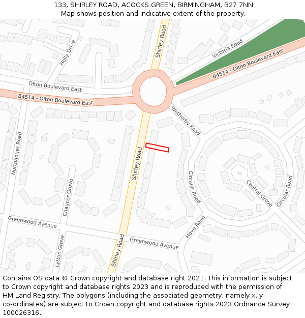 133, SHIRLEY ROAD, ACOCKS GREEN, BIRMINGHAM, B27 7NN: Location map and indicative extent of plot