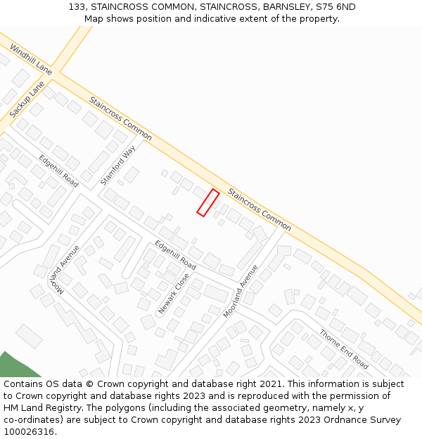 133, STAINCROSS COMMON, STAINCROSS, BARNSLEY, S75 6ND: Location map and indicative extent of plot