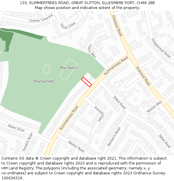 133, SUMMERTREES ROAD, GREAT SUTTON, ELLESMERE PORT, CH66 2BE: Location map and indicative extent of plot