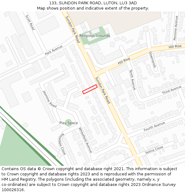 133, SUNDON PARK ROAD, LUTON, LU3 3AD: Location map and indicative extent of plot