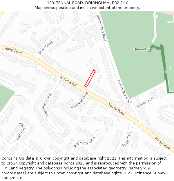 133, TENNAL ROAD, BIRMINGHAM, B32 2HY: Location map and indicative extent of plot