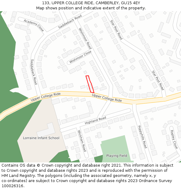 133, UPPER COLLEGE RIDE, CAMBERLEY, GU15 4EY: Location map and indicative extent of plot