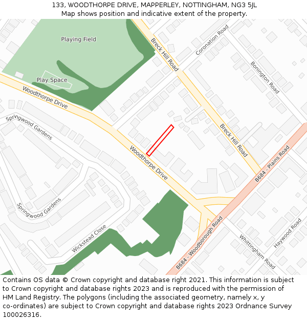 133, WOODTHORPE DRIVE, MAPPERLEY, NOTTINGHAM, NG3 5JL: Location map and indicative extent of plot