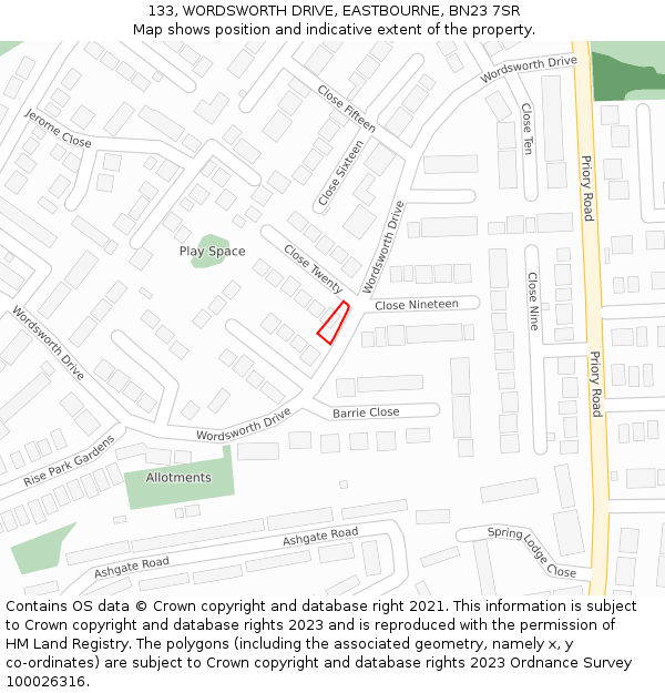 133, WORDSWORTH DRIVE, EASTBOURNE, BN23 7SR: Location map and indicative extent of plot