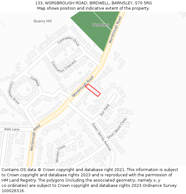 133, WORSBROUGH ROAD, BIRDWELL, BARNSLEY, S70 5RG: Location map and indicative extent of plot