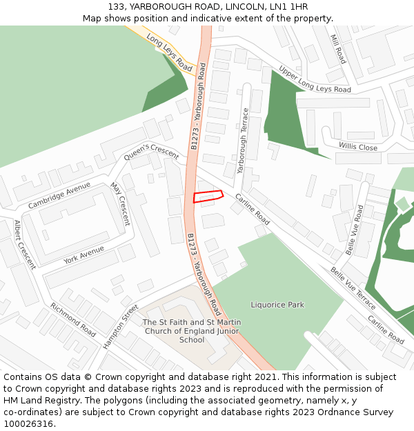 133, YARBOROUGH ROAD, LINCOLN, LN1 1HR: Location map and indicative extent of plot