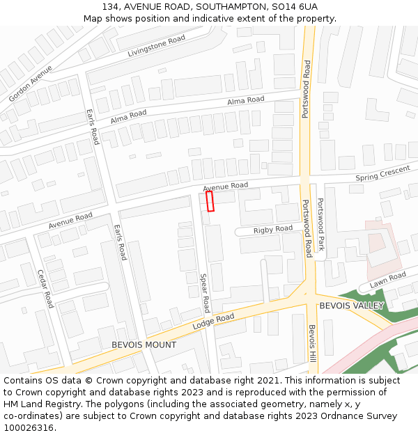 134, AVENUE ROAD, SOUTHAMPTON, SO14 6UA: Location map and indicative extent of plot