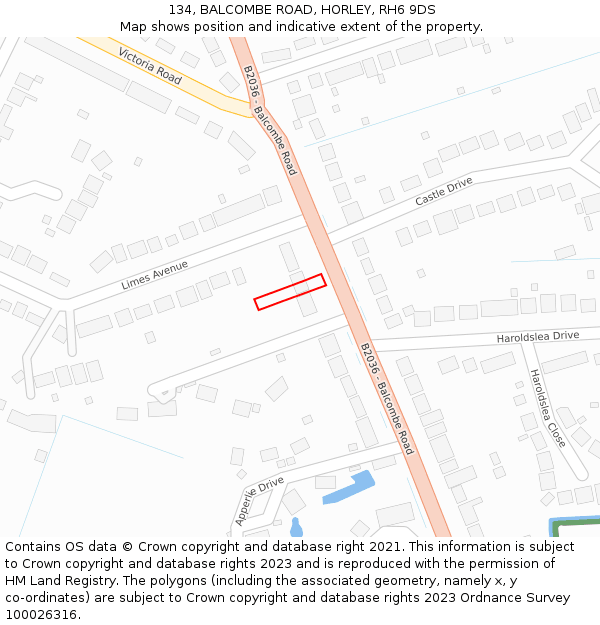 134, BALCOMBE ROAD, HORLEY, RH6 9DS: Location map and indicative extent of plot