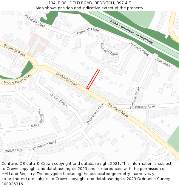 134, BIRCHFIELD ROAD, REDDITCH, B97 4LT: Location map and indicative extent of plot