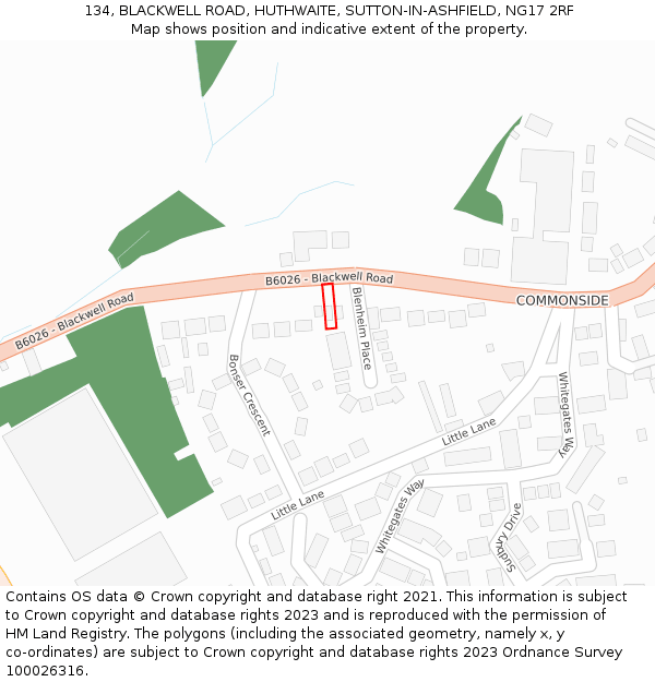 134, BLACKWELL ROAD, HUTHWAITE, SUTTON-IN-ASHFIELD, NG17 2RF: Location map and indicative extent of plot