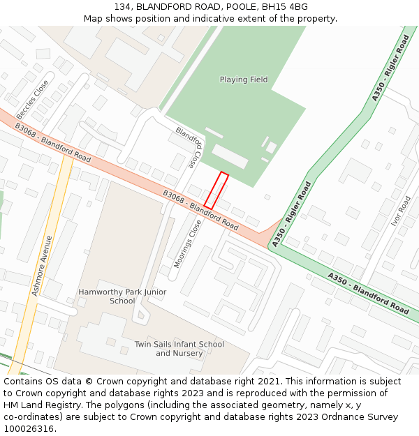 134, BLANDFORD ROAD, POOLE, BH15 4BG: Location map and indicative extent of plot