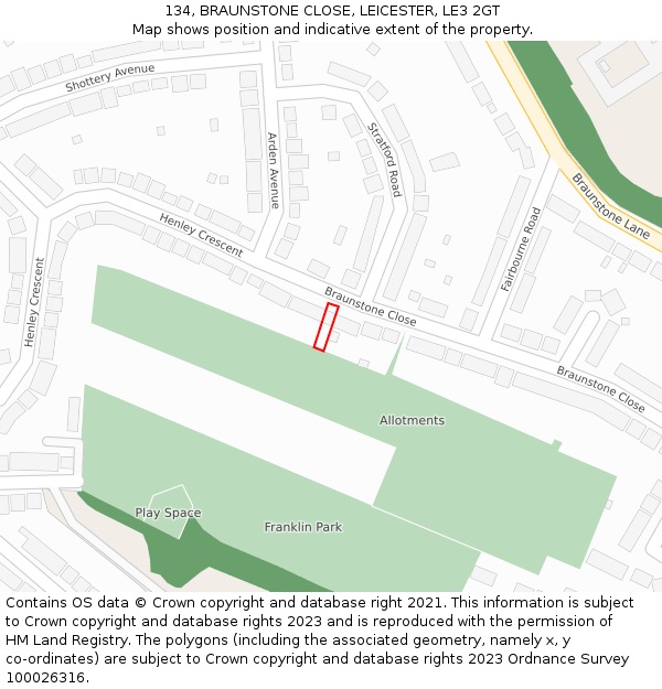 134, BRAUNSTONE CLOSE, LEICESTER, LE3 2GT: Location map and indicative extent of plot