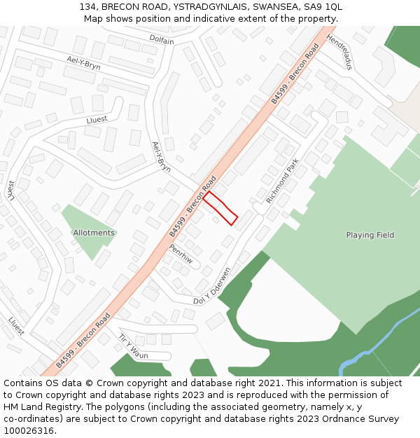 134, BRECON ROAD, YSTRADGYNLAIS, SWANSEA, SA9 1QL: Location map and indicative extent of plot