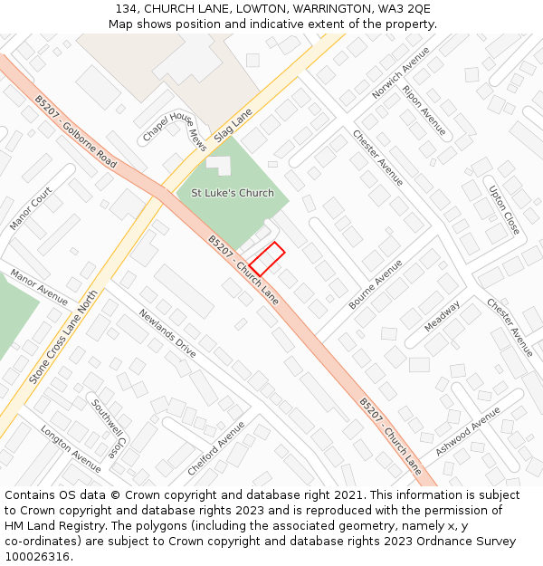 134, CHURCH LANE, LOWTON, WARRINGTON, WA3 2QE: Location map and indicative extent of plot