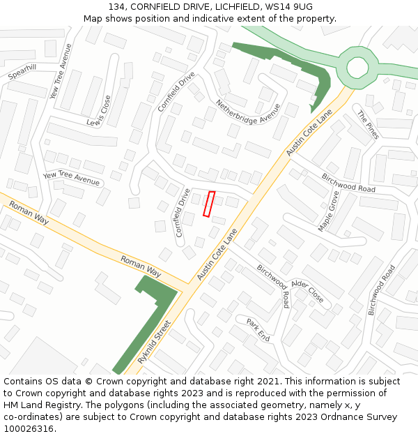 134, CORNFIELD DRIVE, LICHFIELD, WS14 9UG: Location map and indicative extent of plot