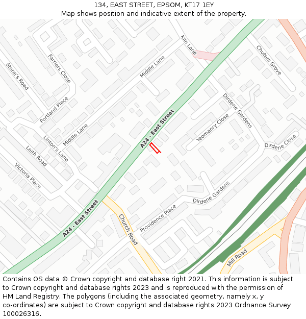 134, EAST STREET, EPSOM, KT17 1EY: Location map and indicative extent of plot