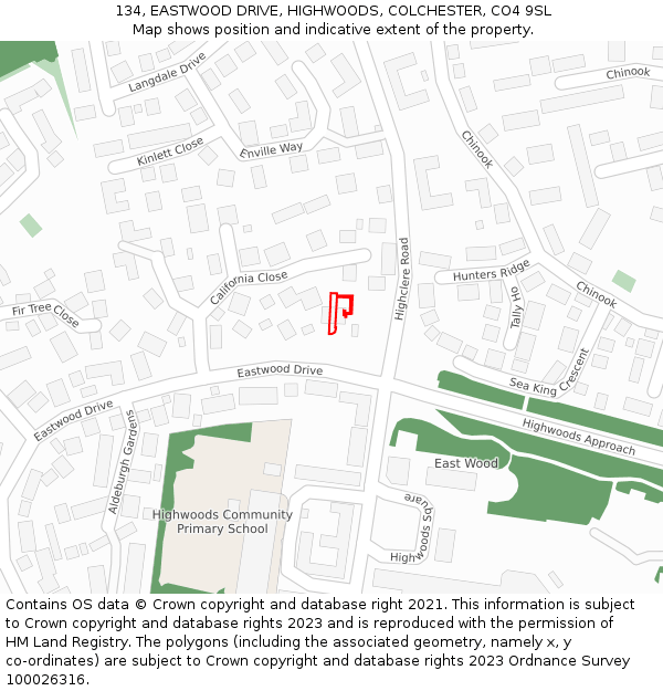 134, EASTWOOD DRIVE, HIGHWOODS, COLCHESTER, CO4 9SL: Location map and indicative extent of plot